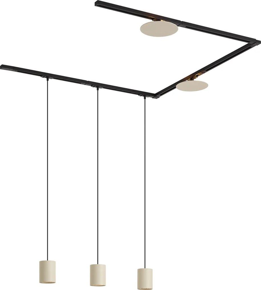 Sistema de iluminação de trilho moderno preto com 3 luzes pendentes e 2 luzes de teto bege 1-fase - Iconic Holt Pulley