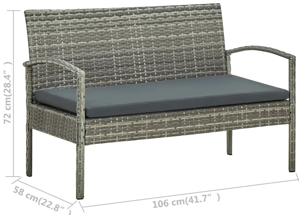 4 pcs conjunto lounge de jardim c/ almofadões vime PE cinzento