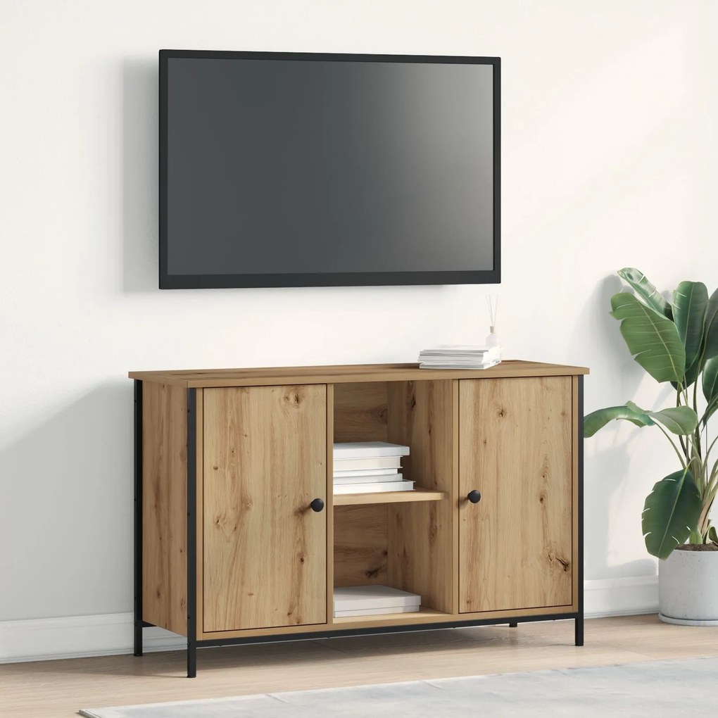 Armário de TV vidaXL Preto Carvalho 101x35x65 cm Madeira Ing. e Aço