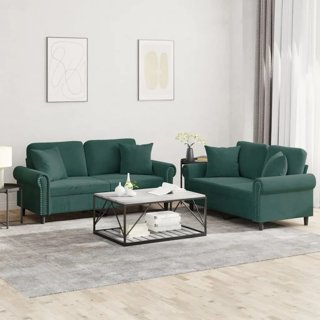 2 pcs conjunto de sofás com almofadas veludo verde-escuro
