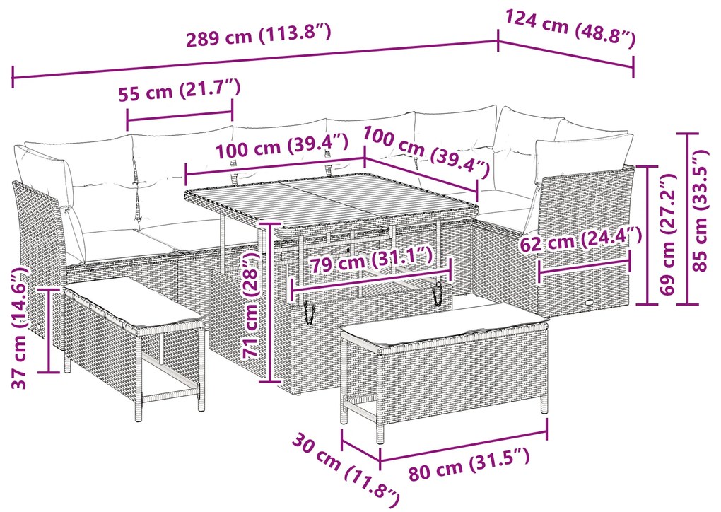 Conjunto de Sofá de Jardim vidaXL 9 Peças com Almofadas Bege Rattan Po