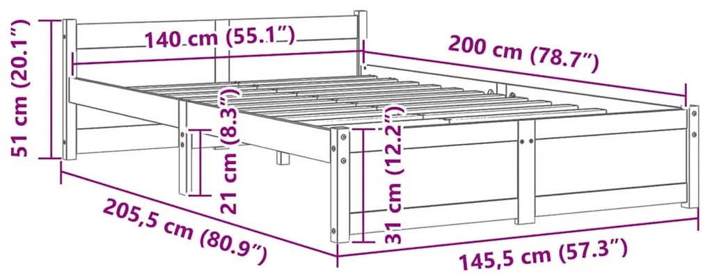 Estrutura de cama 140x200 cm madeira maciça branco