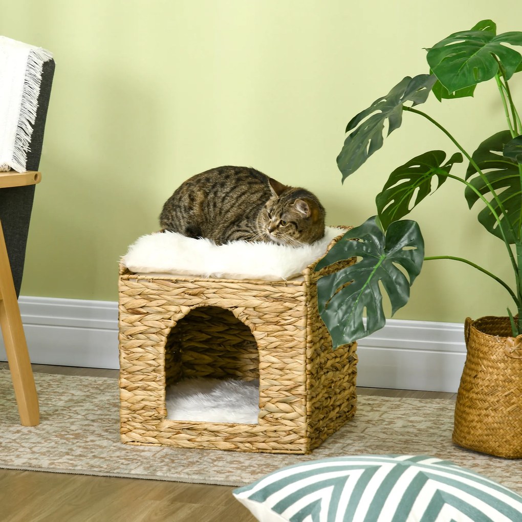 Compartimento aberto para gatos de 2 andares com 2 almofadas em jacinto-d'água - 37,5 x 37,5 x 41,5 cm castanho-creme
