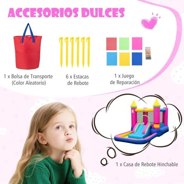 Castelo insuflável de princesa (SEM VENTILADOR) com escorrega Piscina 363 x 202 x 205 cm com aro de basquetebol Saco de transporte para crianças Mult