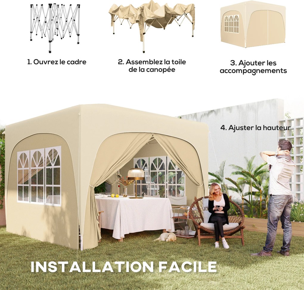 Tenda dobrável para eventos, 3 x 3 x 2,73 m, com janelas + Saco de transporte, cor areia
