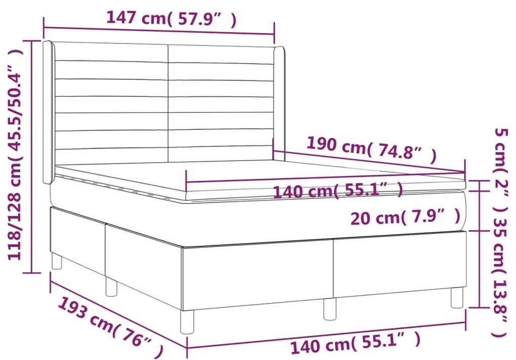 Cama box spring c/ colchão/LED 140x190 cm veludo azul-escuro