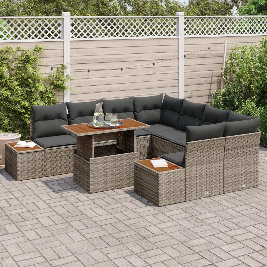 Conjunto de Sofá de Jardim com 9 Peças com Almofadas Cinza Vime PE