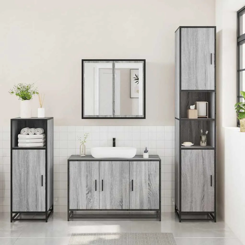 3 pcs Conjunto móveis casa de banho madeira proc. cinza sonoma