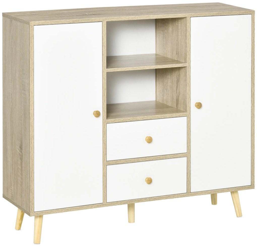 HOMCOM Aparador Sala Estar 2 Portas 2 Gavetas 2 Prateleiras Abertas Móvel Auxiliar 100x30x85cm Branco Natural | Aosom Portugal