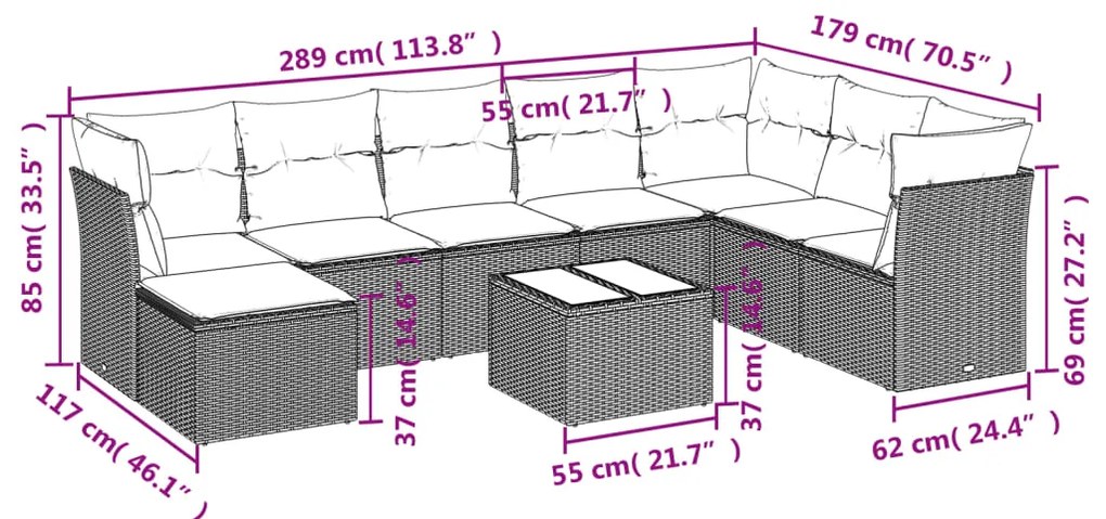9 pcs conjunto sofás p/ jardim com almofadões vime PE cinzento