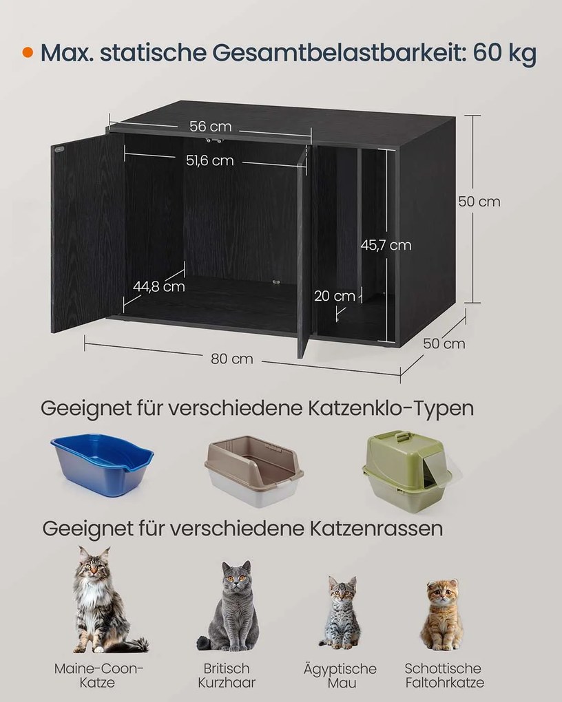 Armário para caixa de areia com portas push-to-open para gatos 80 x 50 x 50 cm preto