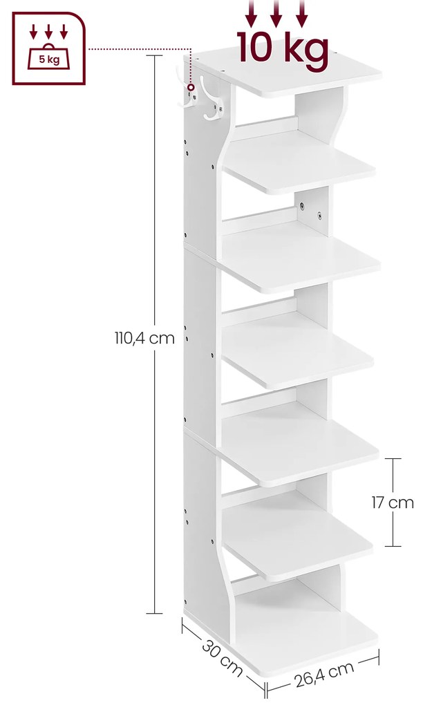 Sapateira estreita com 6 níveis 30 x 26,4 x 110,4 cm branca