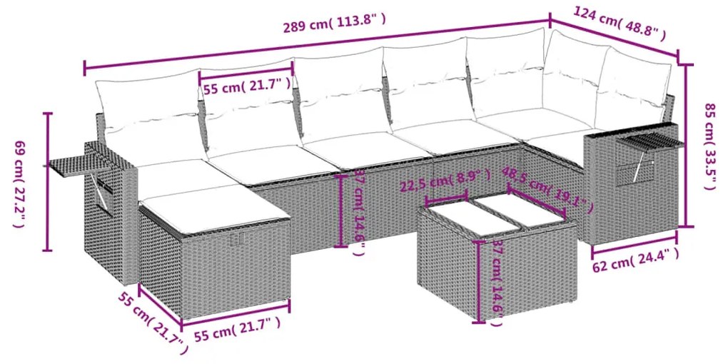 8 pcs conjunto sofás de jardim com almofadões vime PE preto