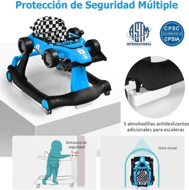 Andarilho dobrável com altura ajustável em 3 níveis, rodas com velocidade regulável e almofada removível para bebés de 6 a 18 meses Azul