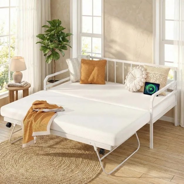 Sofá-cama individual com luzes LED205 x 90 x 96,5 cm (COLCHÕES NÃO INCLUIDOS), base metálica e cama extra extraível, estação de carregamento integrada