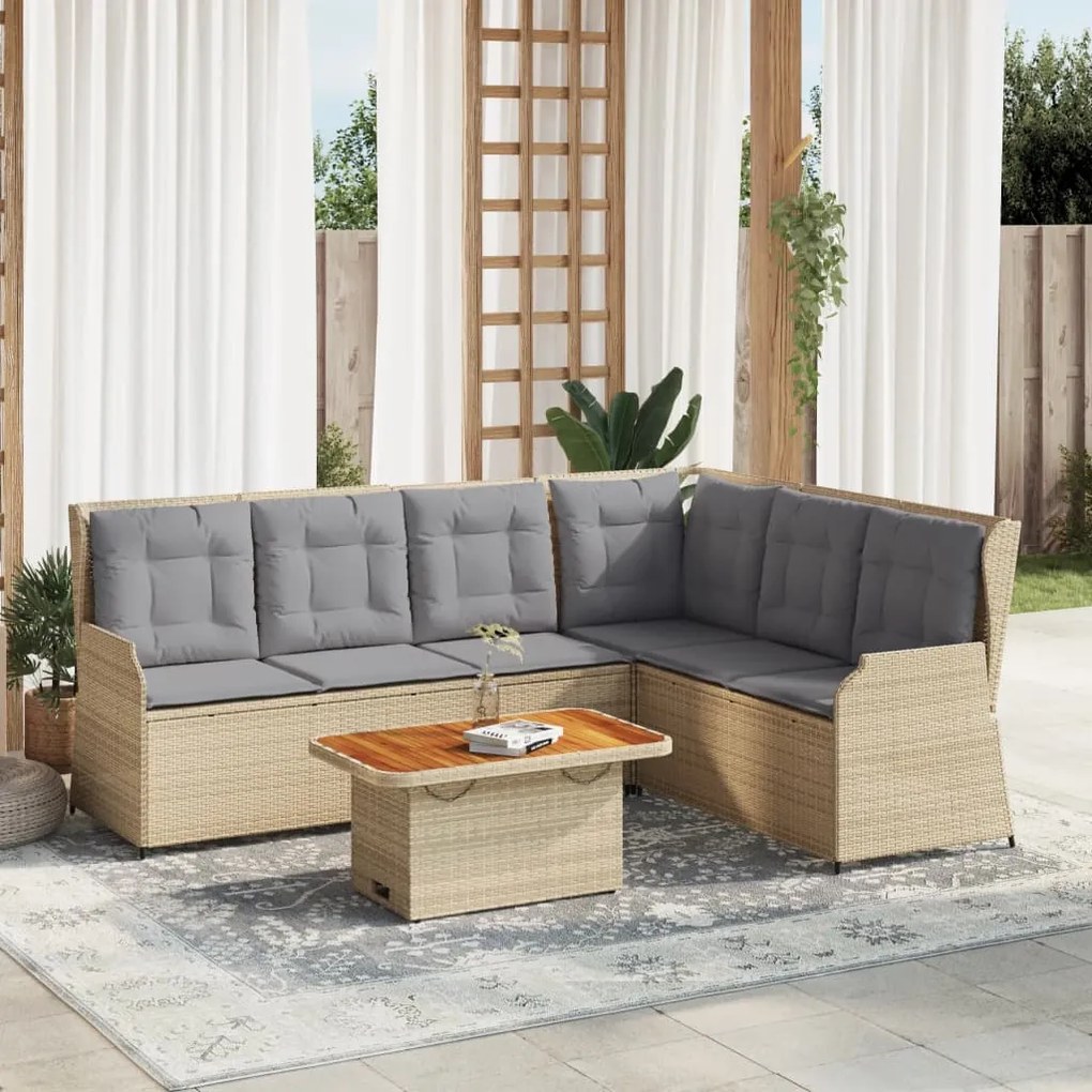 vidaXL 5 pcs conjunto lounge p/ jardim com almofadões vime PE bege
