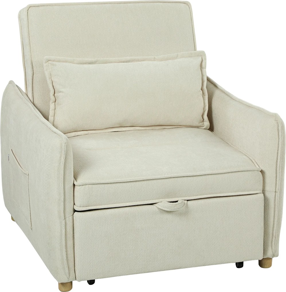HOMCOM Poltrona-cama 3 em 1 conversível com função cama, almofada lombar, para sala de estar, creme | Aosom Portugal