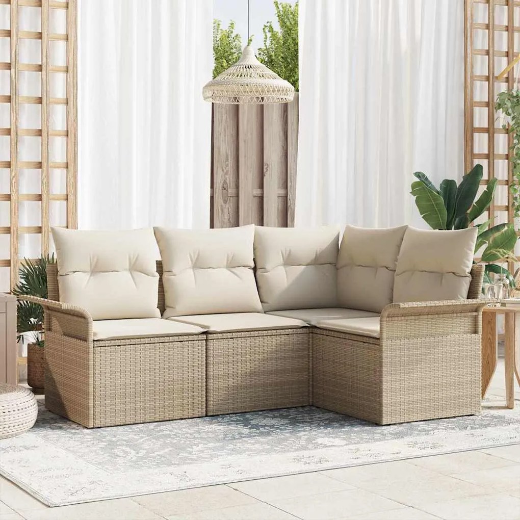 vidaXL Conjunto de Sofá de Jardim com 4 peças e almofadas bege em poliratã
