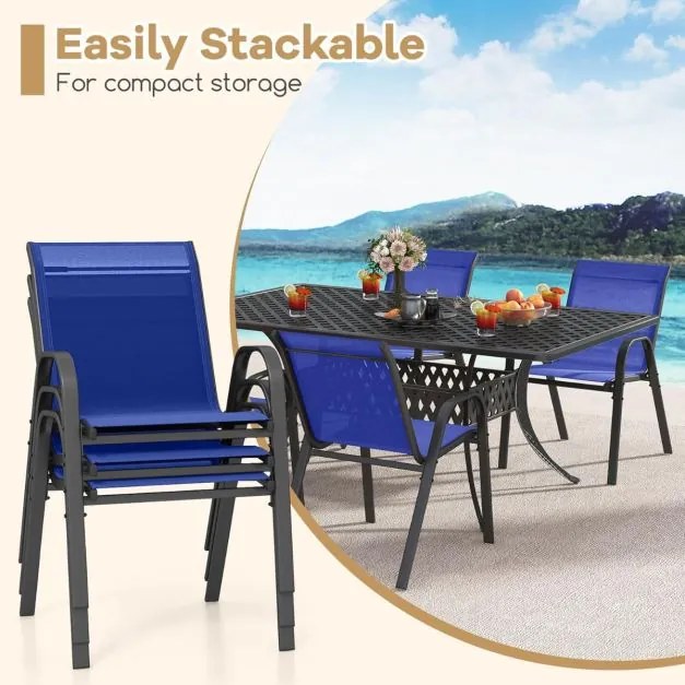 Conjunto de 4 cadeiras de jantar de jardim empilháveis Estrutura resistente ao tecido respirável Pátio exterior Praia 55 x 67 x 83 cm Azul