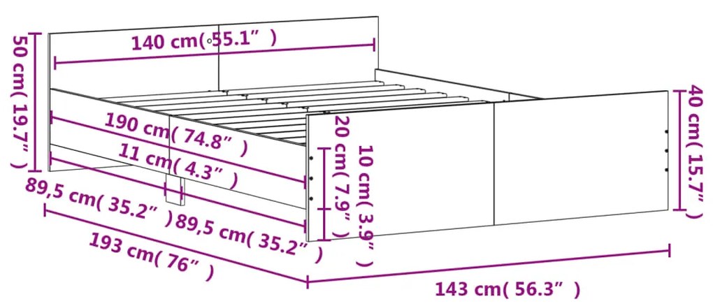 Estrutura de Cama Moona - 140x190 cm - Cinzento - Design Moderno