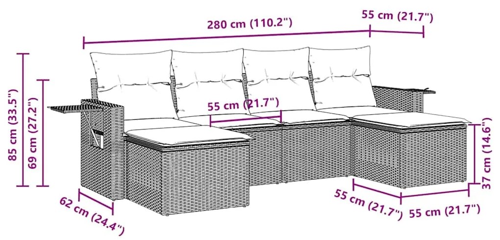 6 pcs conj. sofás jardim com almofadões vime PE cinzento-claro