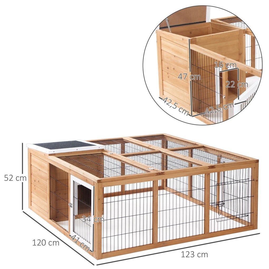 Coelheira de Exterior Gaiola para Coelhos Porquinho da India Animais Pequenos com 2 Portas Superiores e Teto Asfáltico Dobrável 123x120x52cm Madeira Natural