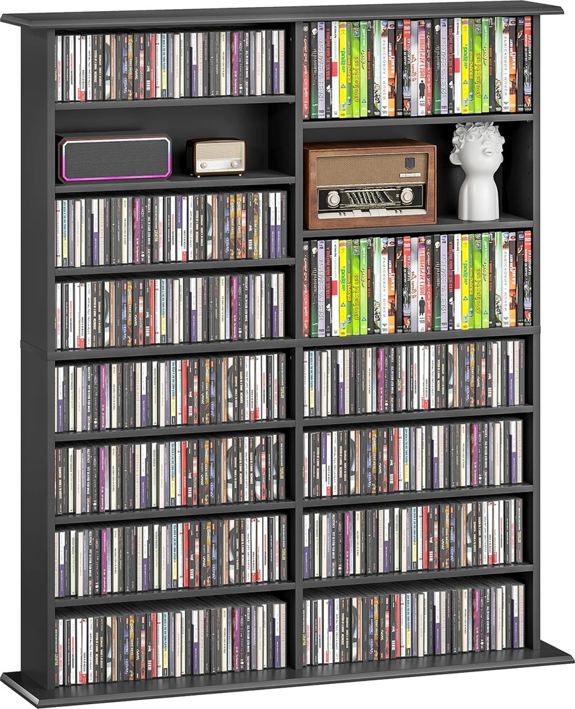 Organizador para CD e DVD com 16 compartimentos e 12 prateleiras ajustáveis, capacidade máxima de 720 CD/396 DVD e Blu-ray, preto