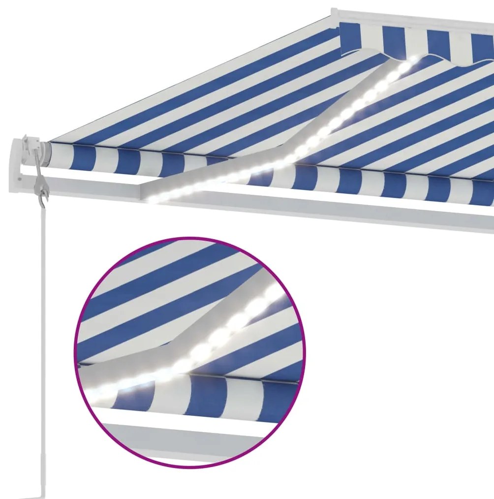 Toldo automático LED e sensor de vento 300x250 cm azul e branco