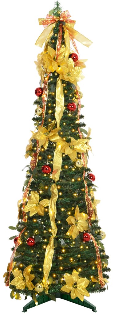 HOMCOM Árvore de Natal Dobrável 180 cm Árvore de Natal Artificial com Luzes LED e Decorações Pré-Instaladas  Ø60x180 cm Verde