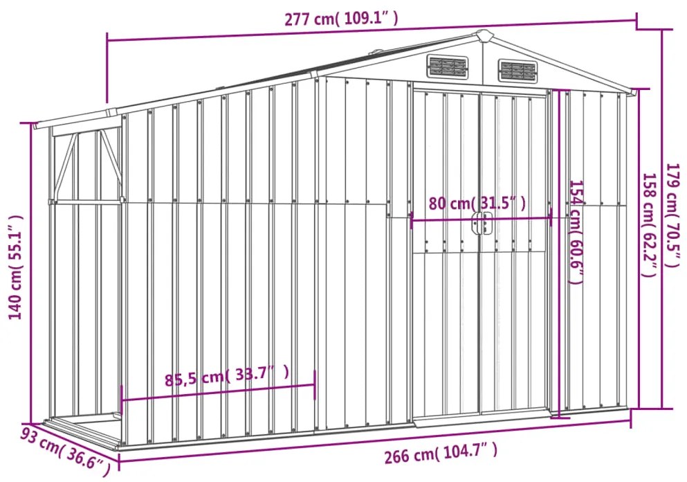 Abrigo de jardim 277x93x179 cm aço galvanizado cinzento