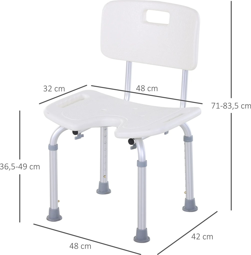 Cadeira de Banho, 48 x 42 x 83,5 cm, Altura Regulável, Branco
