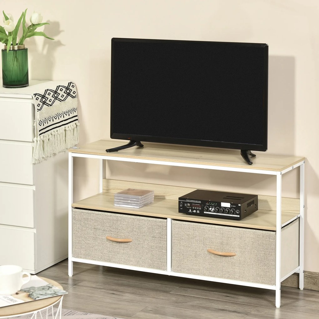Móvel de TV baixo com pés 98 L x 29 P x 56 A cm, estilo industrial, com 2 gavetas em tecido cinzento, cor madeira natural e metal branco