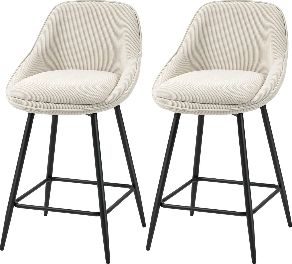 Conjunto de 2 bancos de bar em veludo canelado, com encosto curvo e apoio para os pés, 49x52x88 cm, creme
