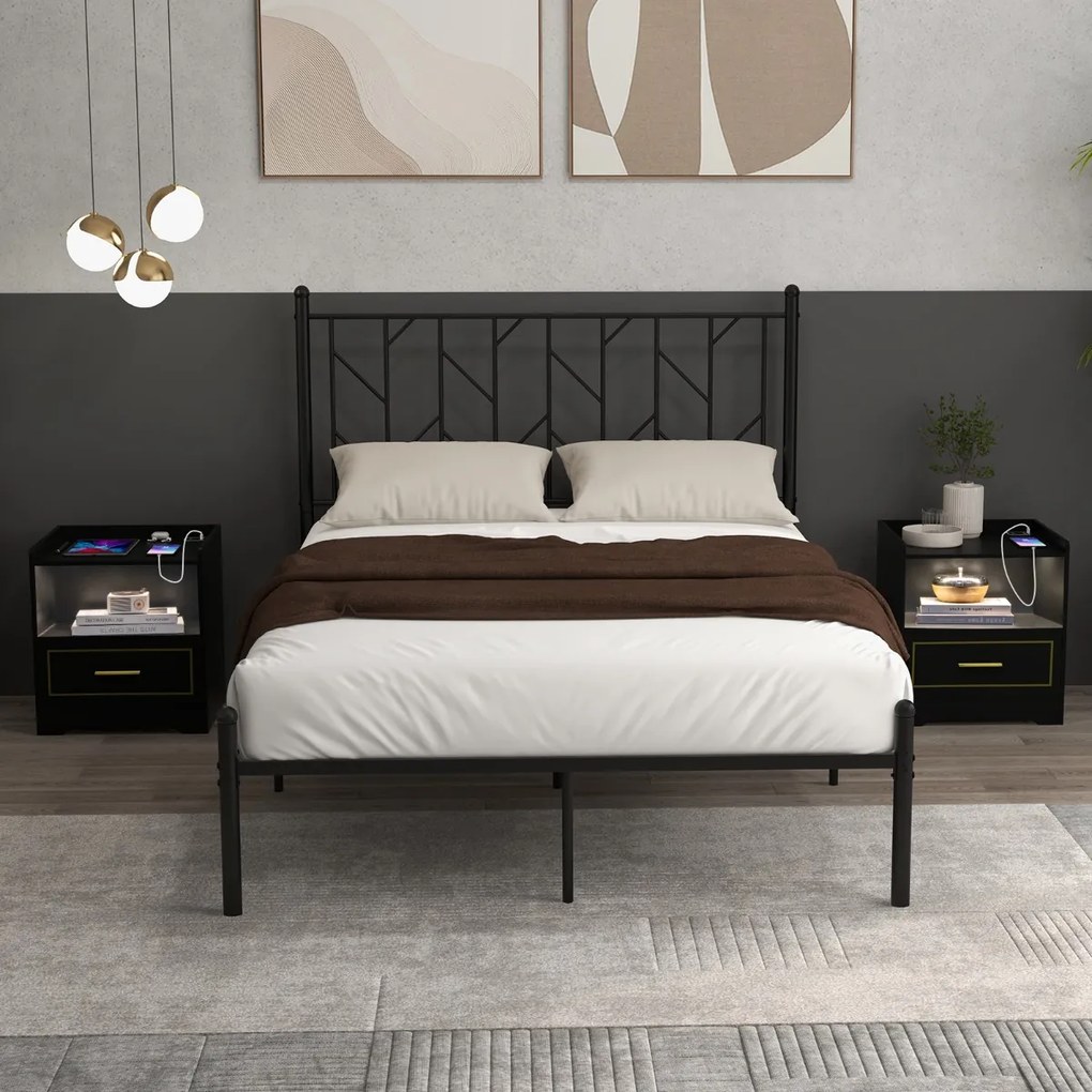 Mesa de cabeceira LED com Estante Gaveta Porta USB 3 Cores de Luz e Iluminação Ajustável para Quarto 45 x 40 x 50 cm Preto