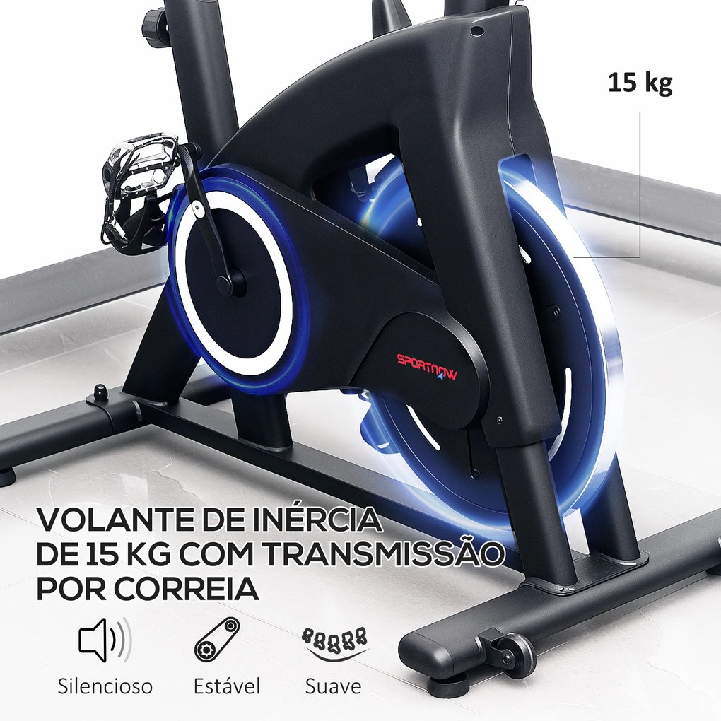 Bicicleta Estática Bicicleta Fitness com Volante de Inércia de 15 kg Ecrã LED Guiador e Assento Ajustável 108x53x111 cm Preto