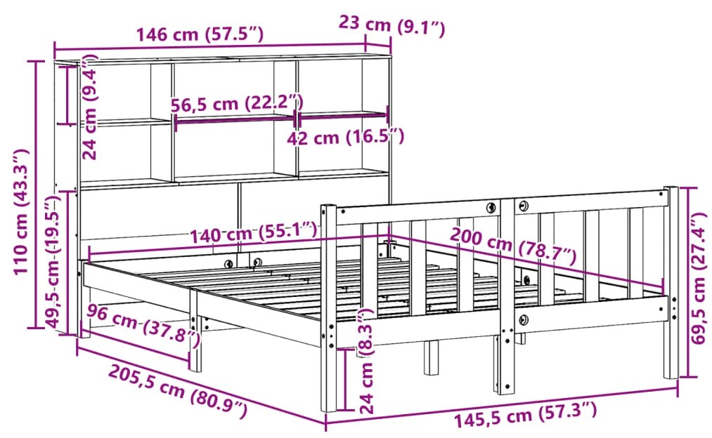 Cama com estante sem colchão 140x200 cm pinho maciço branco