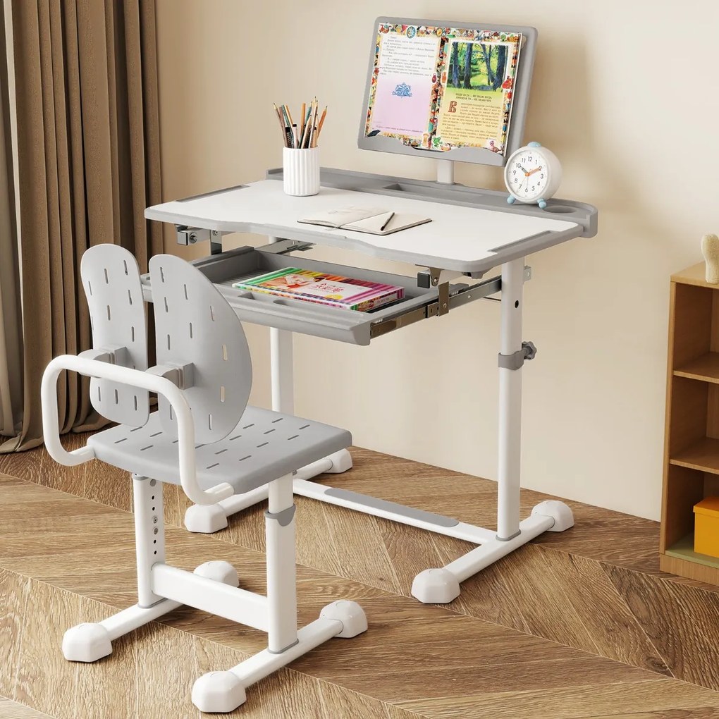 Conjunto de secretária e cadeira para crianças com altura ajustável, tampo inclinável, porta-copos, gaveta e cadeira ergonómica Cinza