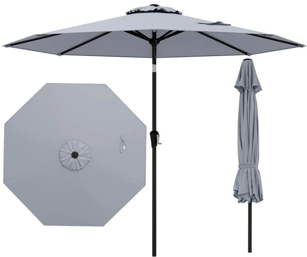 Guarda-sol jardim de 270 cm com 8 varas robustas, toldo ventilado resistente com inclinação por botão Cinzento