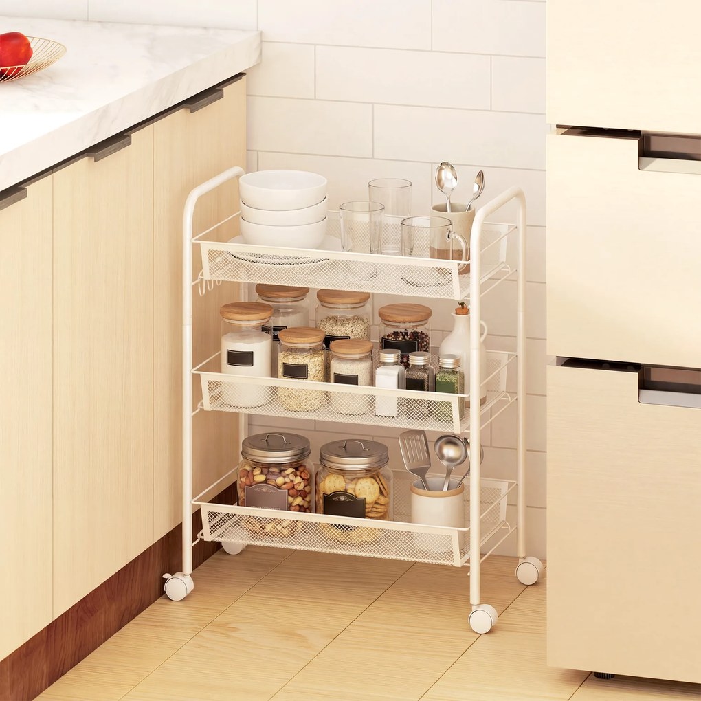 Carrinho de 3 níveis com cestos de cozinha com Rodas  45 x 26,5 x 63 cm, carrinho de arrumação com Rodas,, branco