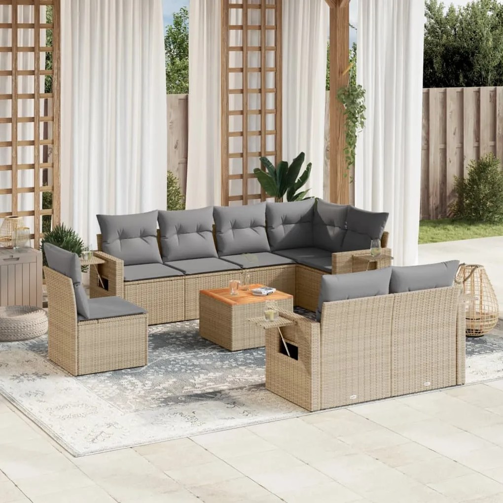 vidaXL 9 pcs conjunto de sofás p/ jardim com almofadões vime PE bege