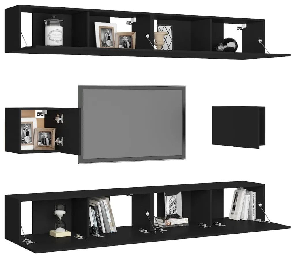 6 pcs conjunto de móveis de TV derivados de madeira preto