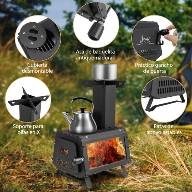 Fogão a lenha portátil com 2 posições de cozedura, pega da porta e janela de vidro resistente ao calor para cozinhar campismo