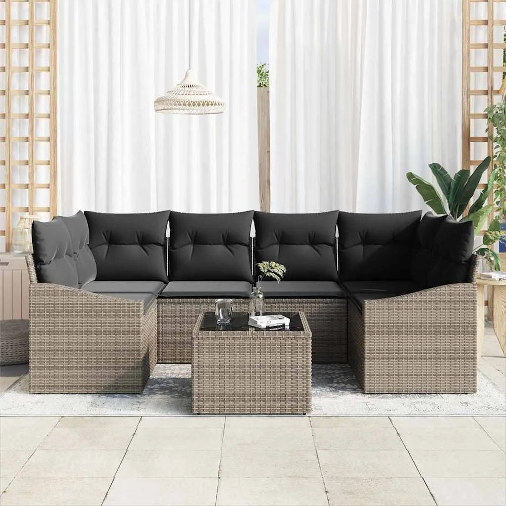Conjunto de Jantar de Jardim de 7 Peças com Almofadas Cinzas em Rattan