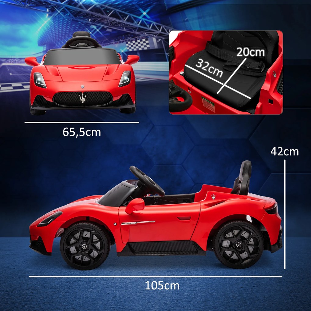 Carro elétrico para crianças com licença Maserati MC20 12V, comando à distância, LED, música e buzina, 3 a 6 anos, vermelho