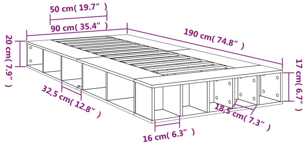 Estrutura cama 90x190 cm derivados de madeira cinzento sonoma