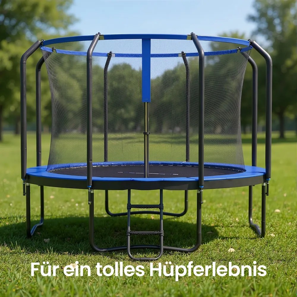 Trampolim para crianças 366 cm de jardim com rede de segurança, cobertura lateral preto-azul