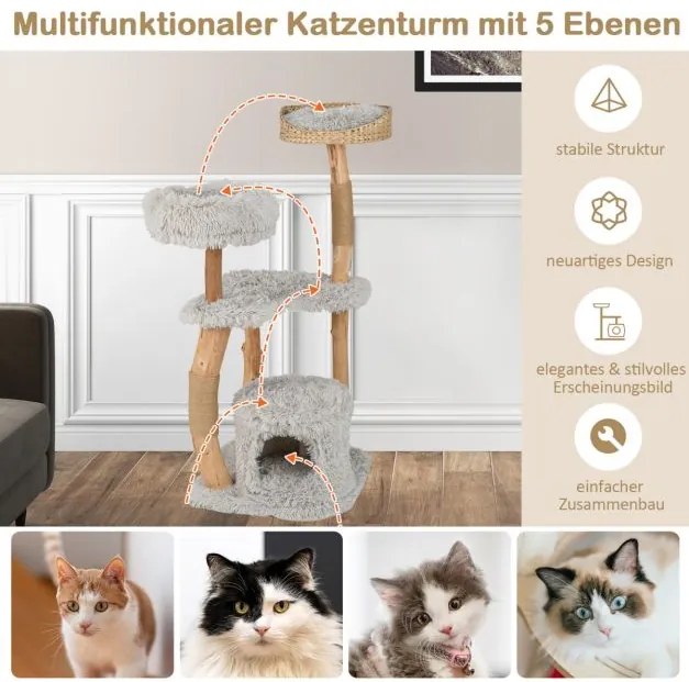 Arranhador Gatos de 124 cm de altura feito de madeira com caverna para gatos, superfície de assento em pelúcia cinzento