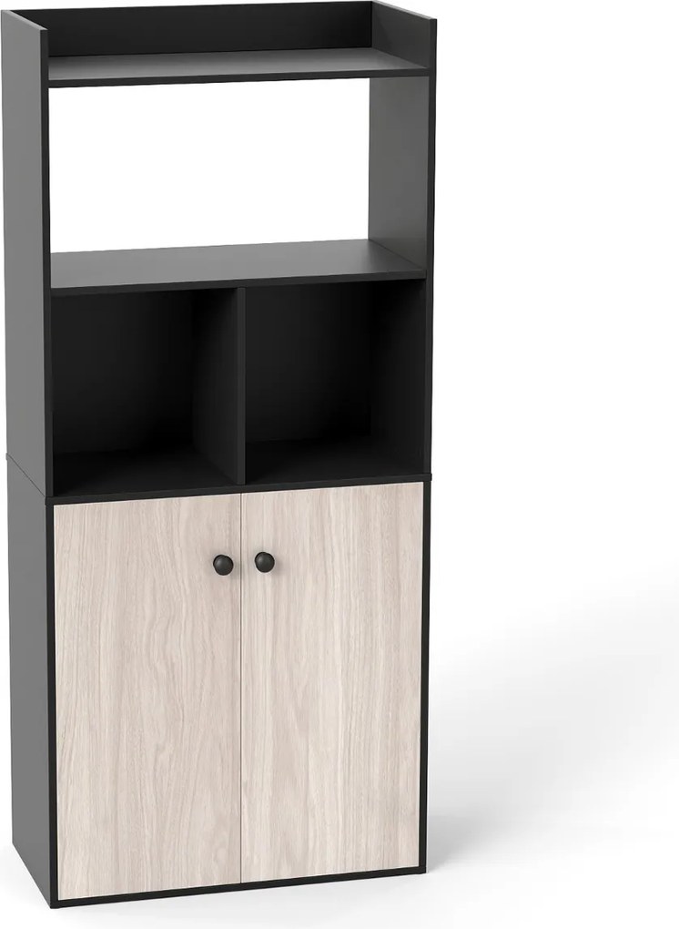 Estante 60 x 30 x 133 cm de 5 níveis com prateleiras abertas e portas para quarto, sala de estar ou escritório Preto