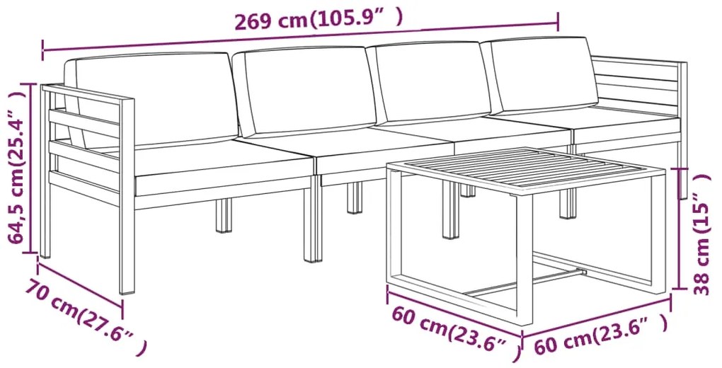 5 pcs conjunto lounge jardim com almofadões alumínio antracite