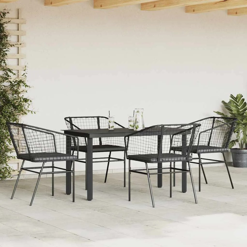 Conjunto de jantar jardim 5 peças almofadas vidro vime PE preto